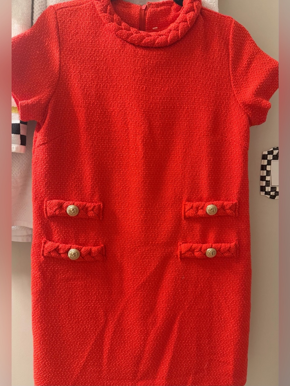 Tuckernuck style red tweed dress with gold button accents size s Very good cond